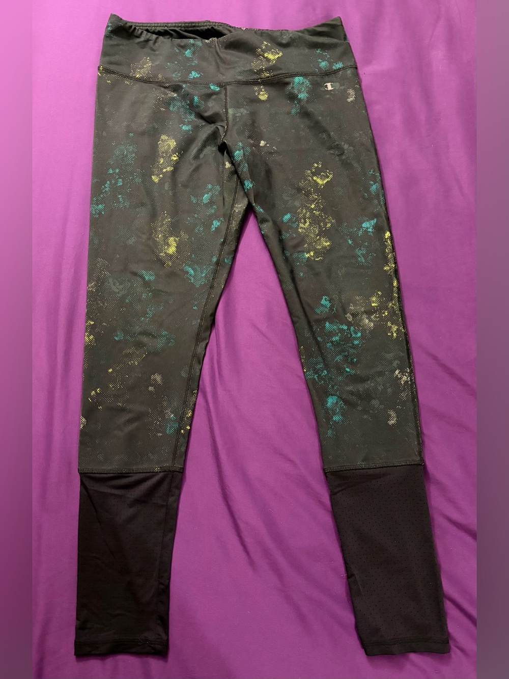 Champion Black Leggings with Yellow Interior and Teal Accents